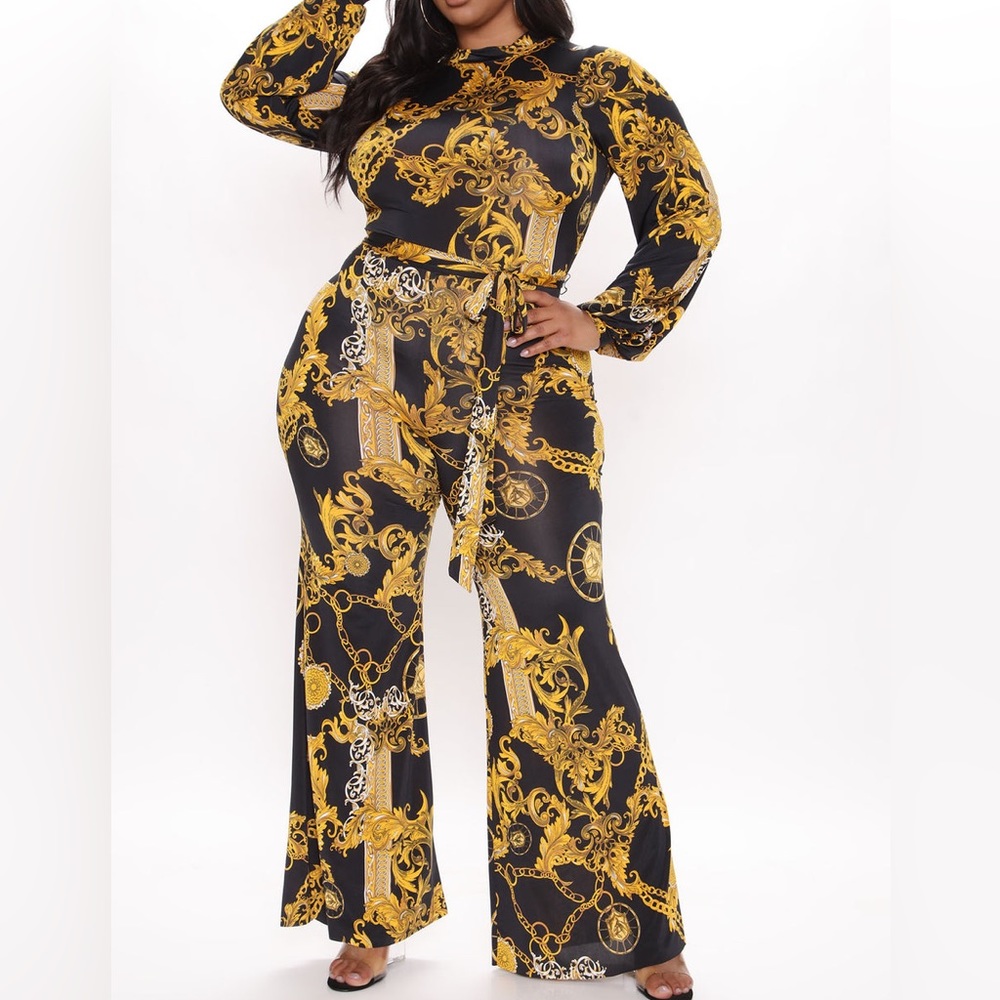 Fashion Nova Black Yellow Gold Chain Print Wide Leg High Status Jumpsuit Gaudy - Picture 14 of 14